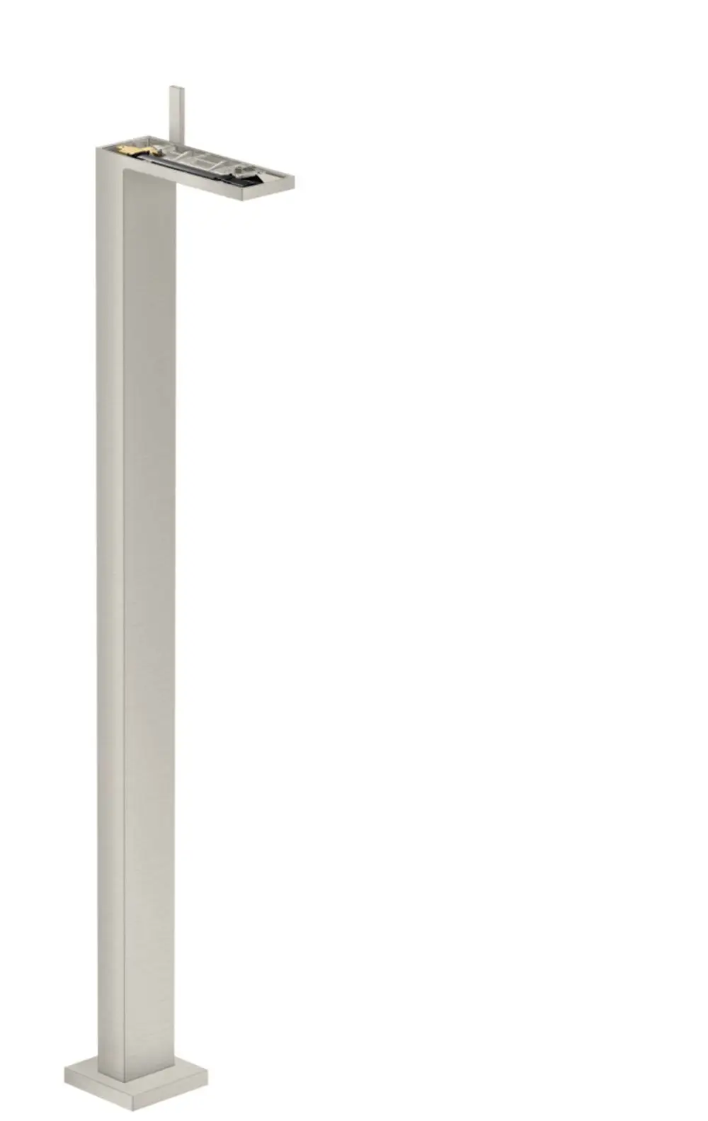 Bodenstehender Waschtischmischer aus Edelstahl Optik von AXOR mit Push-Open Ablaufgarnitur, ohne Platte, in geradlinigem Design.